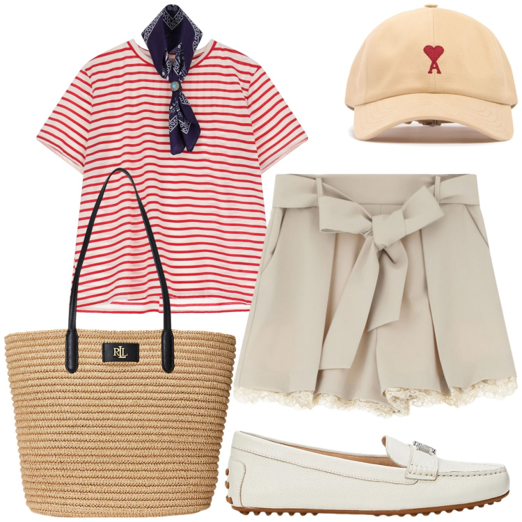 Outfit donna - Aperitivo in barca. Stile Chic per Mare. Abbinamento con shorts, t-shirt, borse tote, mocassini, cappelli.