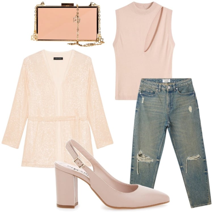 Outfit donna - Serata fuori. Stile Casual chic per Serata fuori. Abbinamento con top, jeans mom, pochette, décolleté, blazer.