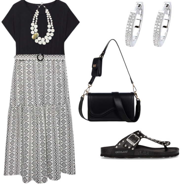 Outfit donna - Maxi dress. per Tutti i giorni. Abbinamento con orecchini, pochette, vestiti lunghi, ciondoli, infradito.