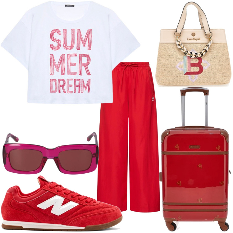 Outfit donna - In partenza. Stile Casual chic per Tutti i giorni. Abbinamento con sneakers, t-shirt, pantaloni, valigie, borse a mano, occhiali da sole.