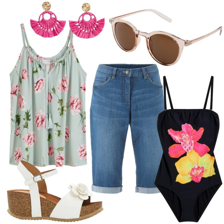 Outfit donna - Fiori al mare. Stile Casual chic per Mare. Abbinamento con bermuda, top, sandali, orecchini, occhiali da sole, costumi interi.