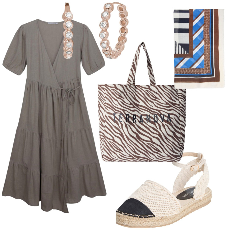 Outfit donna - Maxi dress. per Ufficio. Abbinamento con vestiti lunghi, borse tote, espadrillas, orecchini, foulard.