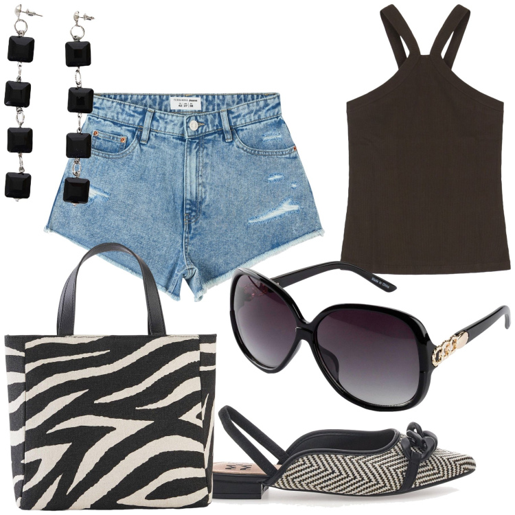 Outfit donna - Total look. Stile Trendy per Tutti i giorni. Abbinamento con occhiali da sole, borse a mano, shorts, orecchini, top, ballerine.