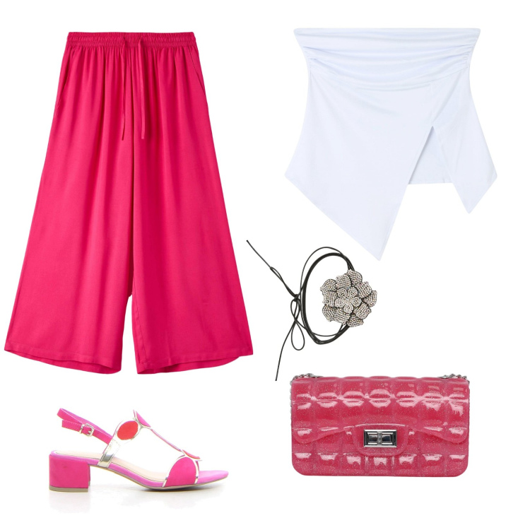 Outfit donna - Fresca tutto il giorno. per Tutti i giorni. Abbinamento con collane, pantaloni a palazzo, top, borse a tracolla, sandali col tacco.