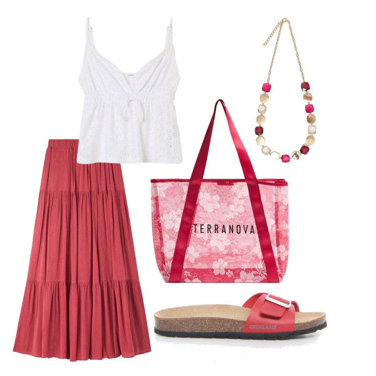 Outfit donna - Color corallo. Stile Boho per Tutti i giorni. Abbinamento con shopping bag, canottiere, gonne lunghe, collane, ciabatte.
