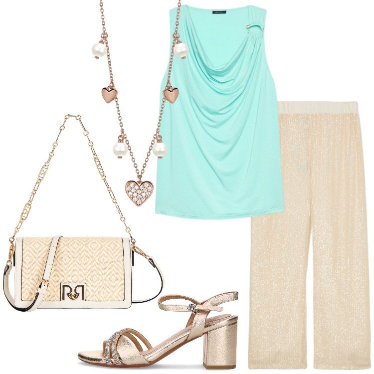 Outfit donna - Coordinati leggeri e chic. Stile Chic per Serata fuori. Abbinamento con collane, borse a tracolla, top, pantaloni, sandali in pelle.