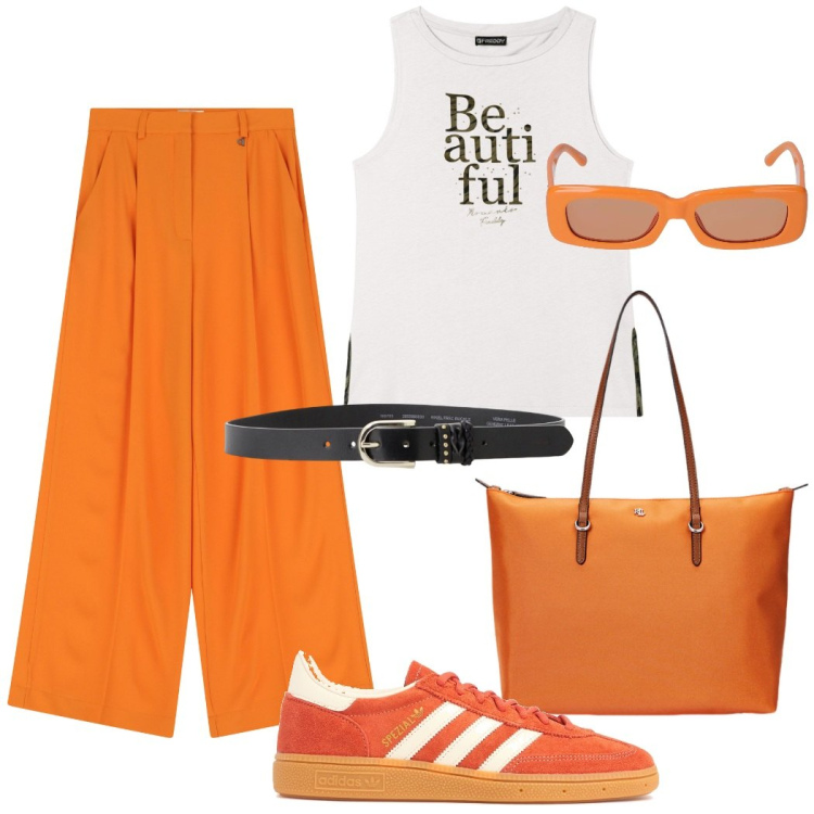 Outfit donna - Arancione protagonista. Stile Sporty chic per Tutti i giorni. Abbinamento con cinture, pantaloni, canottiere, borse tote, sneakers, occhiali da sole.