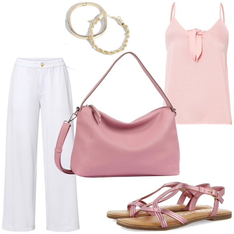 Outfit femme - Casual #6320. Style Casual pour Tous les jours. Assortir avec pantalon large en bas, hauts, bracelets, sacs en bandoulière, sandales.