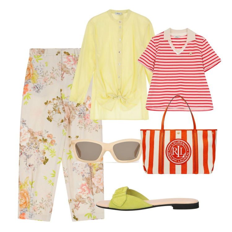 Outfit donna - Righe e fiori!. Stile Casual chic per Tutti i giorni. Abbinamento con sandali in pelle, pantaloni chino, t-shirt, camicie, borse tote, occhiali da sole.