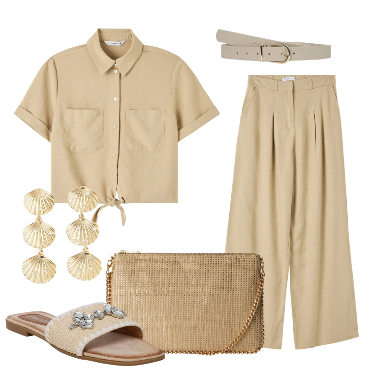 Outfit donna - Nei toni della terra. Stile Casual chic per Tutti i giorni. Abbinamento con pantaloni, ciabatte, borse a tracolla, orecchini, camicie a manica corta, cinture.