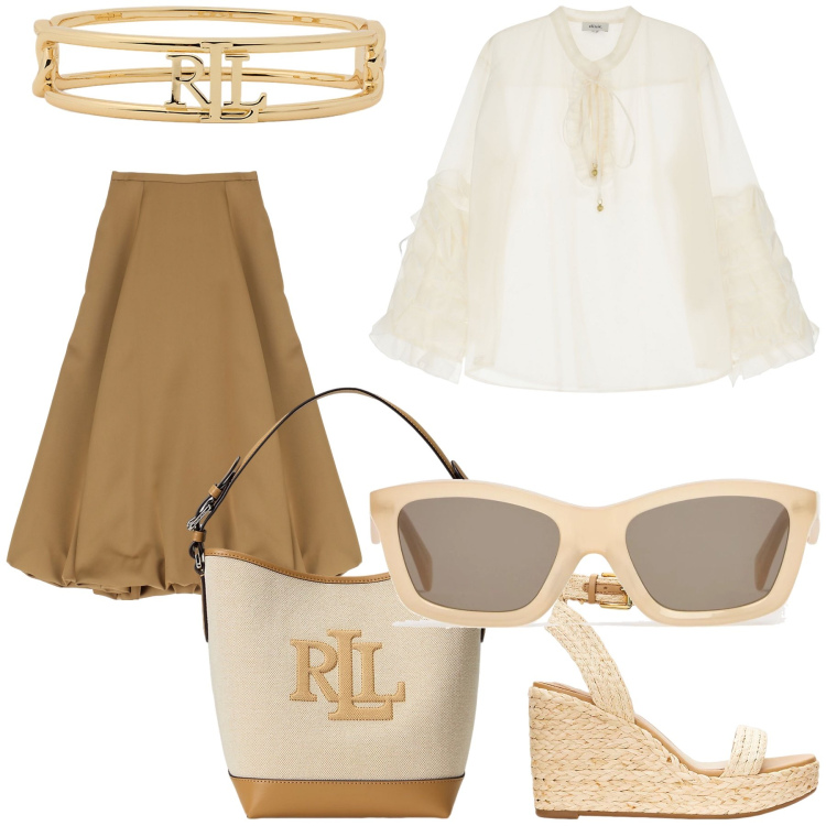 Outfit donna - Total look. Stile Bon Ton per Tutti i giorni. Abbinamento con gonne longuette, camicie, borse a secchiello, braccialetti, zeppe, occhiali da sole.