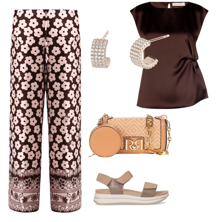 Outfit donna - A lavoro. per Ufficio. Abbinamento con pantaloni a palazzo, top, borse a tracolla, orecchini, sandali.