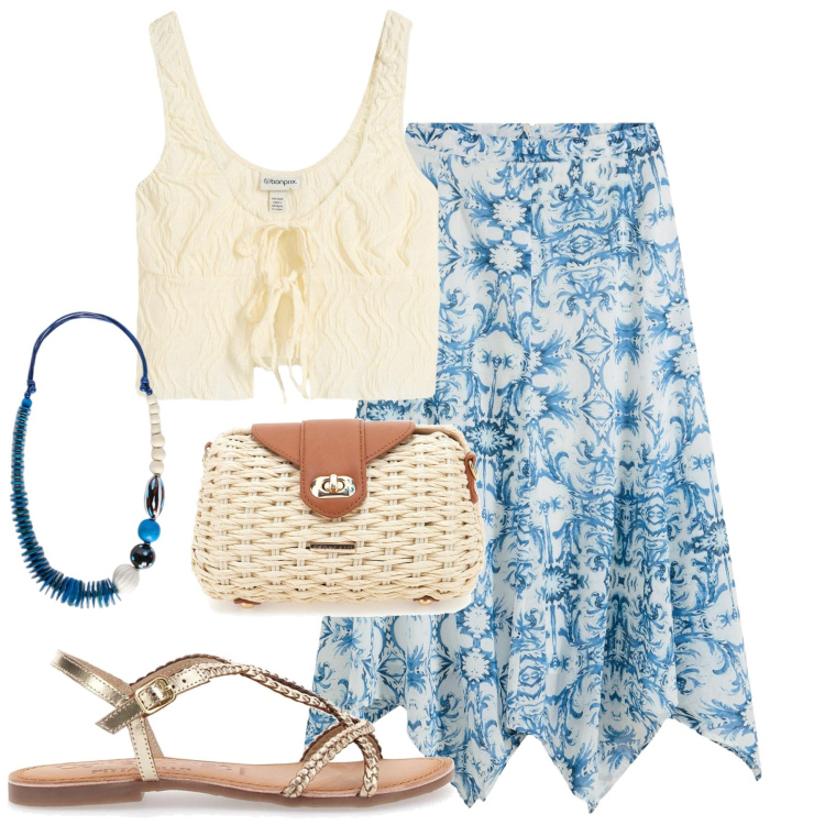 Outfit donna - Giugno. Stile Romantica per Tutti i giorni. Abbinamento con gonne, top, sandali in pelle, borse a tracolla, collane.