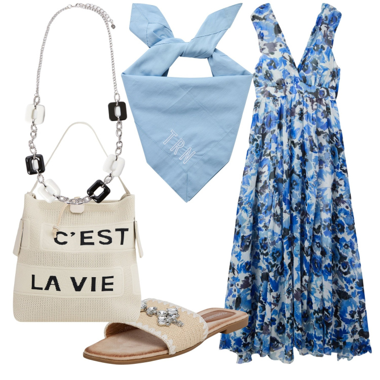 Outfit donna - La vie in sconto. Stile Trendy per Tutti i giorni. Abbinamento con vestiti lunghi, ciabatte, foulard, borse a mano, collane.
