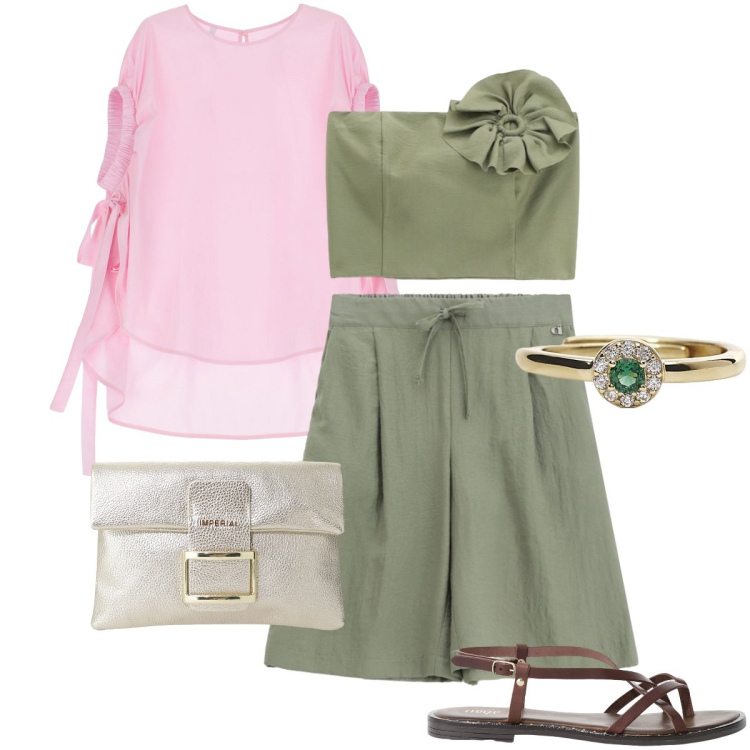 Outfit donna - Verde Lime. Stile Romantica per Mare. Abbinamento con anelli, camicie a manica corta, pochette, shorts, sandali, top.