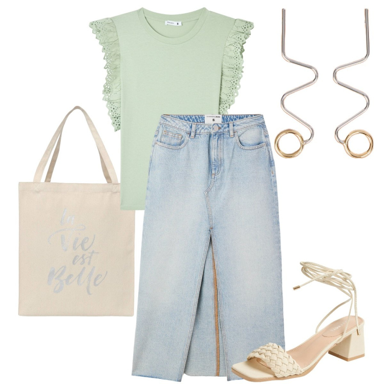 Outfit donna - La t-shirt verde lime. Stile Romantica per Tutti i giorni. Abbinamento con t-shirt, borse tote, gonne lunghe, sandali alla schiava, orecchini.