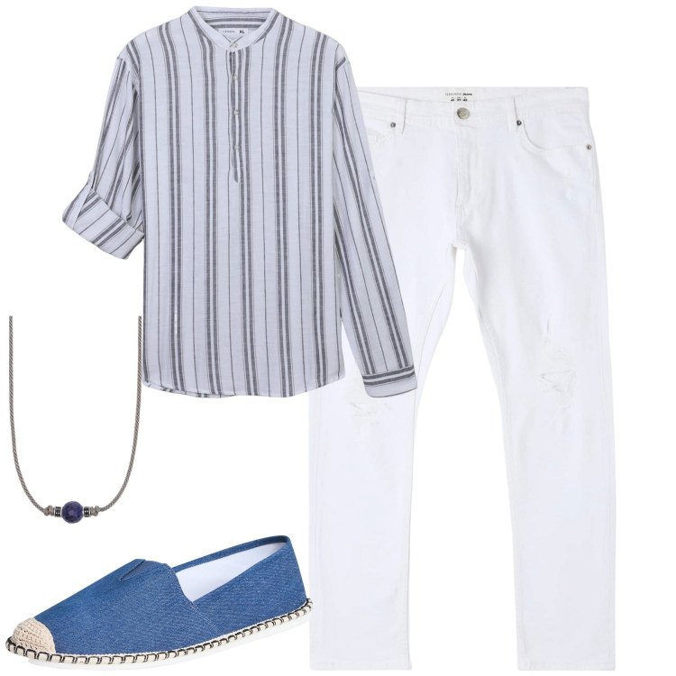 Outfit uomo - Trendy e chic la camicia in lino. Stile Casual per Serata speciale. Abbinamento con jeans strappati, camicie, espadrillas, collane.