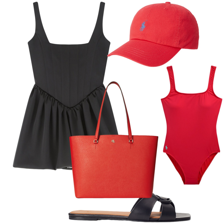 Outfit donna - Lunga nuotata e aperitivo. Stile Bon Ton per Mare. Abbinamento con vestiti corti, cappelli, borse tote, costumi interi, ciabatte.