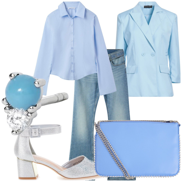 Outfit donna - Riunione in ufficio. Stile Bon Ton per Ufficio. Abbinamento con blazer, borse a tracolla, jeans a zampa, camicie, orecchini, décolleté.