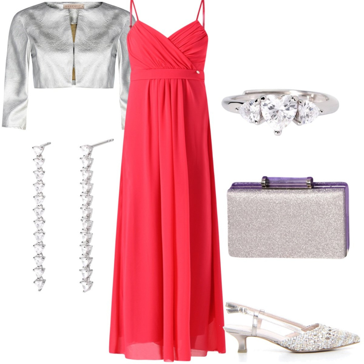 Outfit donna - Cerimonia in lungo. Stile Chic per Cerimonia. Abbinamento con orecchini, anelli, bolero, pochette, vestiti lunghi, sandali col tacco.