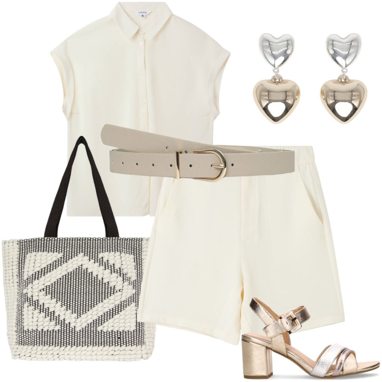 Outfit donna - Coordinati leggeri e chic. Stile Bon Ton per Mare. Abbinamento con camicie a manica corta, bermuda, orecchini, cinture, shopping bag, sandali col tacco.