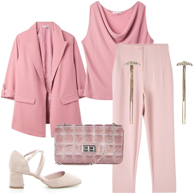 Outfit donna - Coordinato rosa. Stile Romantica per Cerimonia. Abbinamento con borse a tracolla, pantaloni chino, canottiere, orecchini, blazer, sandali col tacco.