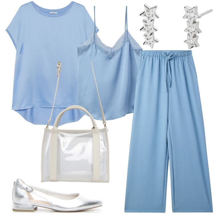 Outfit donna - Coordinato leggero. Stile Bon Ton per Serata fuori. Abbinamento con pantaloni, borse tote, top, orecchini, bluse, ballerine.