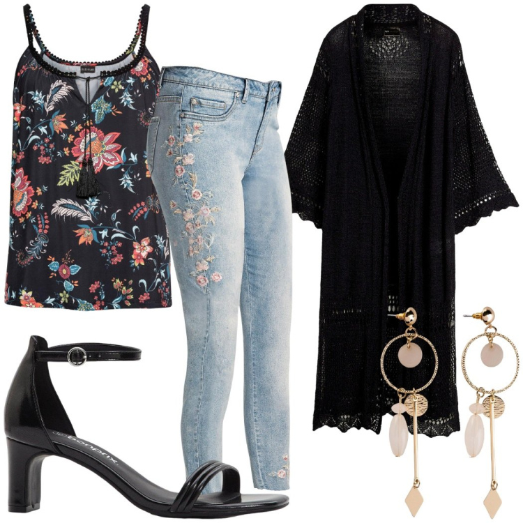 Outfit donna - Estate in città. Stile Romantica per Serata fuori. Abbinamento con cardigans, top, jeans, orecchini, sandali col tacco.
