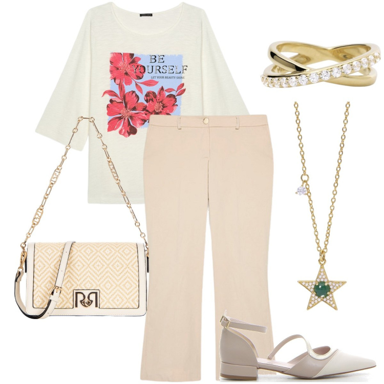 Outfit donna - Coordinato chiaro. Stile Bon Ton per Ufficio. Abbinamento con anelli, collane, borse a tracolla, t-shirt, pantaloni, sandali.