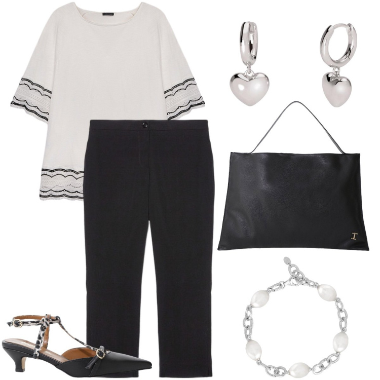 Outfit donna - Boho in bianco e nero. Stile Boho per Serata fuori. Abbinamento con braccialetti, orecchini, décolleté, borse a spalla, pantaloni, bluse.