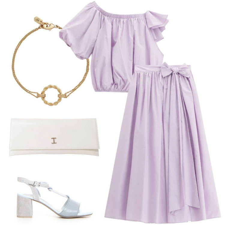 Outfit donna - Gonna lunghe e sandali. Stile Romantica per Cerimonia. Abbinamento con gonne lunghe, top, pochette, braccialetti, sandali col tacco.