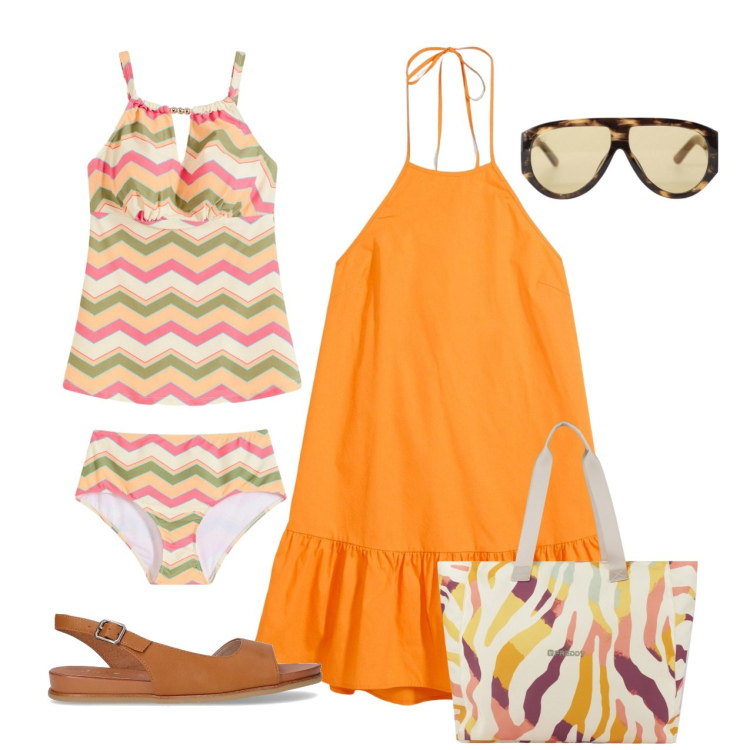 Outfit donna - Arancio mare. Stile Romantica per Mare. Abbinamento con costumi interi, vestiti corti, occhiali da sole, shopping bag, sandali.