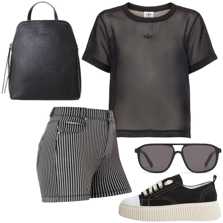 Outfit donna - Sporty chic. Stile Sporty chic per Tutti i giorni. Abbinamento con sneakers, zaini, shorts, t-shirt, occhiali da sole.