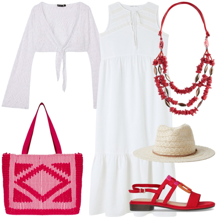 Outfit donna - Total look #2175886. Stile Boho per Tutti i giorni. Abbinamento con vestiti, cappelli, bolero, borse a mano, sandali, collane.
