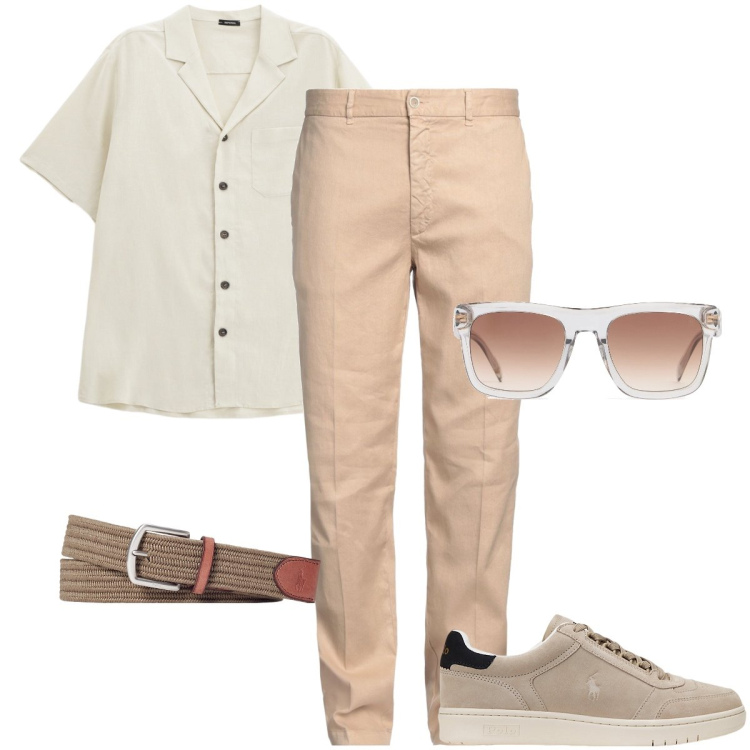 Outfit uomo - Lino protagonista. Stile Business/Elegante per Ufficio. Abbinamento con pantaloni, camicie a manica corta, cinture, sneakers, occhiali da sole.