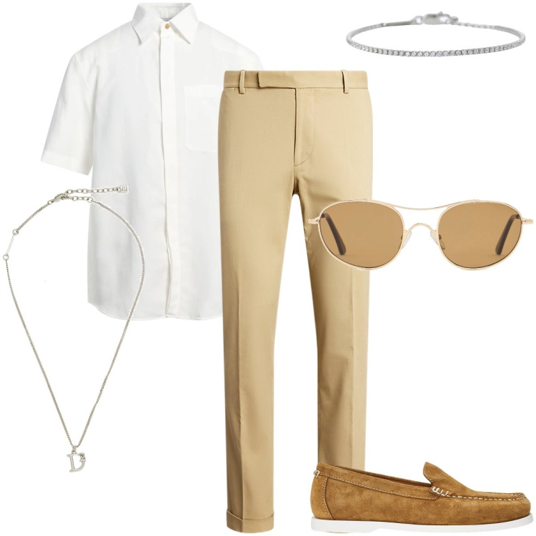 Outfit uomo - La camicia in misto lino. Stile Business/Elegante per Ufficio. Abbinamento con collane, camicie a manica corta, braccialetti, pantaloni chino, scarpe stringate, occhiali da sole.