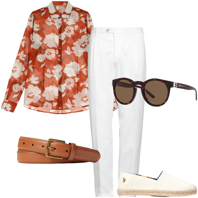 Outfit uomo - Look da aperitivo estivo. Stile Trendy per Serata speciale. Abbinamento con pantaloni chino, camicie, cinture, occhiali da sole, espadrillas.