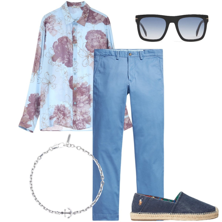 Outfit uomo - Aperitivo con le espadrillas. Stile Trendy per Serata speciale. Abbinamento con braccialetti, camicie, pantaloni, espadrillas, occhiali da sole.