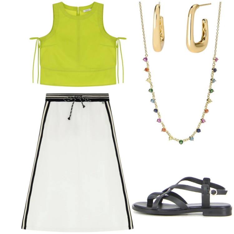 Outfit donna - Total look #2175895. Stile Casual chic per Tutti i giorni. Abbinamento con collane, orecchini, top, gonne longuette, sandali.