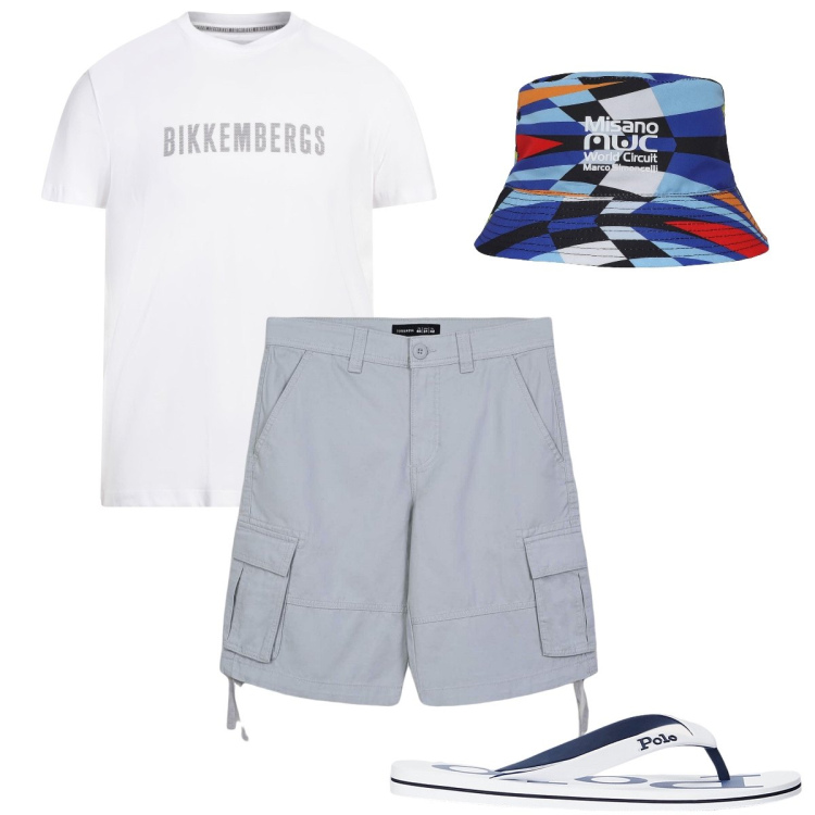 Outfit uomo - Il cappello colorato. Stile Trendy per Mare. Abbinamento con t-shirt, cappelli, bermuda, sandali.
