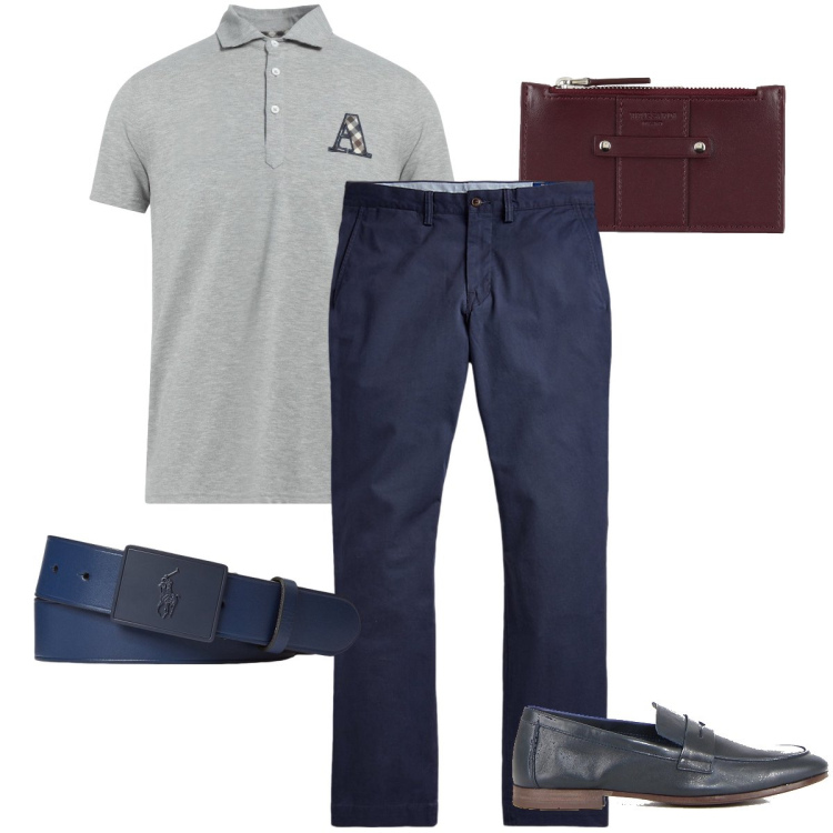 Outfit uomo - In ufficio. Stile Business/Elegante per Ufficio. Abbinamento con polo, portafogli, pantaloni, cinture, scarpe stringate.