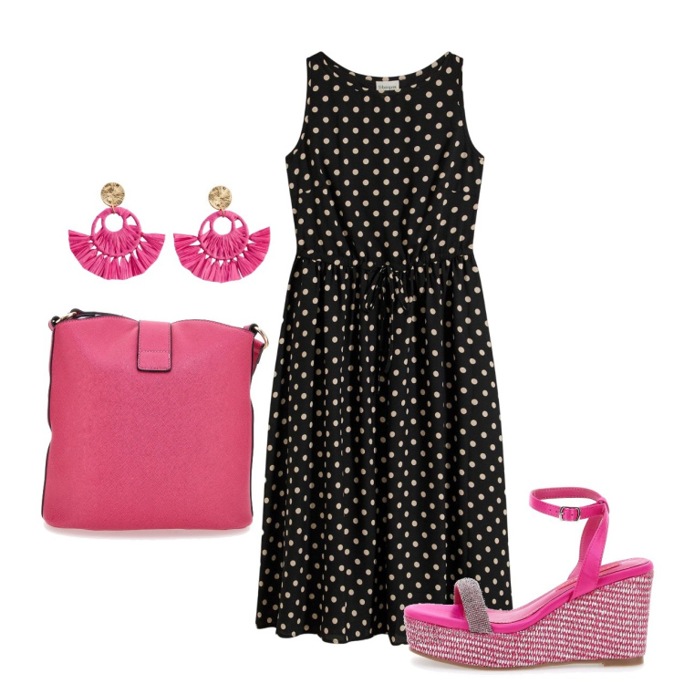 Outfit donna - Gli accessori fucsia. Stile Chic per Tutti i giorni. Abbinamento con orecchini, vestiti midi/longuette, zeppe, borse a spalla.