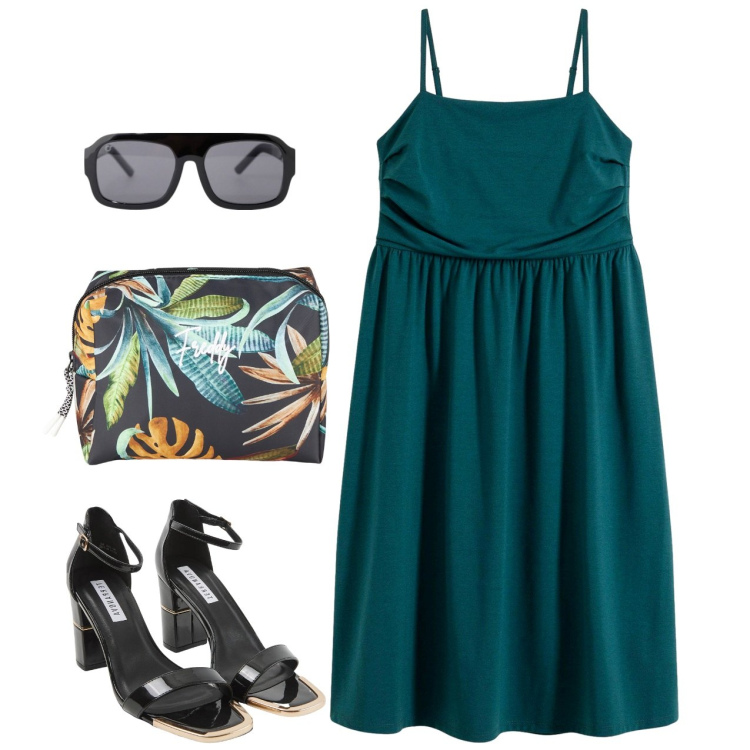 Outfit donna - Un pomeriggio con le amiche. Stile Chic per Tutti i giorni. Abbinamento con vestiti, sabot, occhiali da sole, valigie.