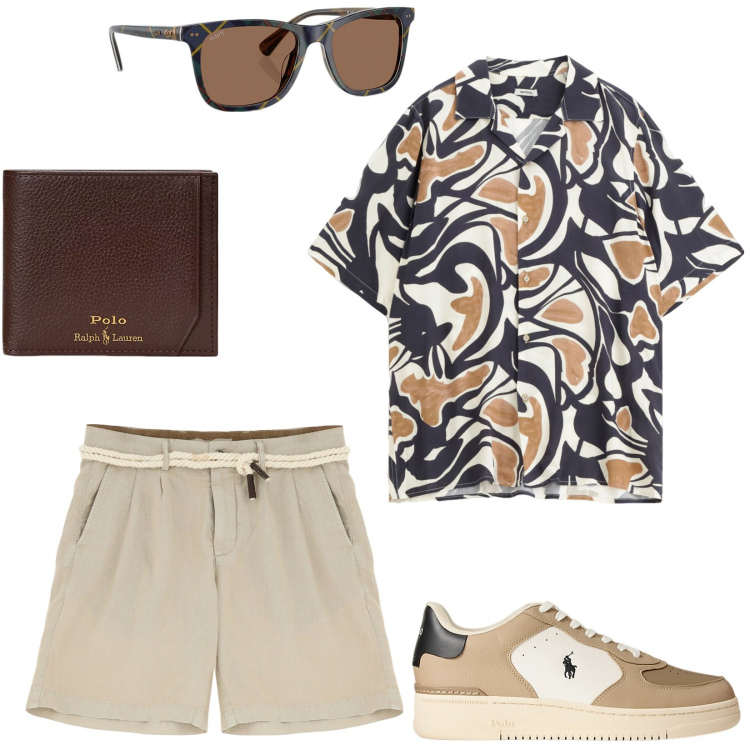 Outfit uomo - Finalmente estate!. Stile Casual per Tutti i giorni. Abbinamento con camicie a manica corta, bermuda, occhiali da sole, sneakers, portafogli.