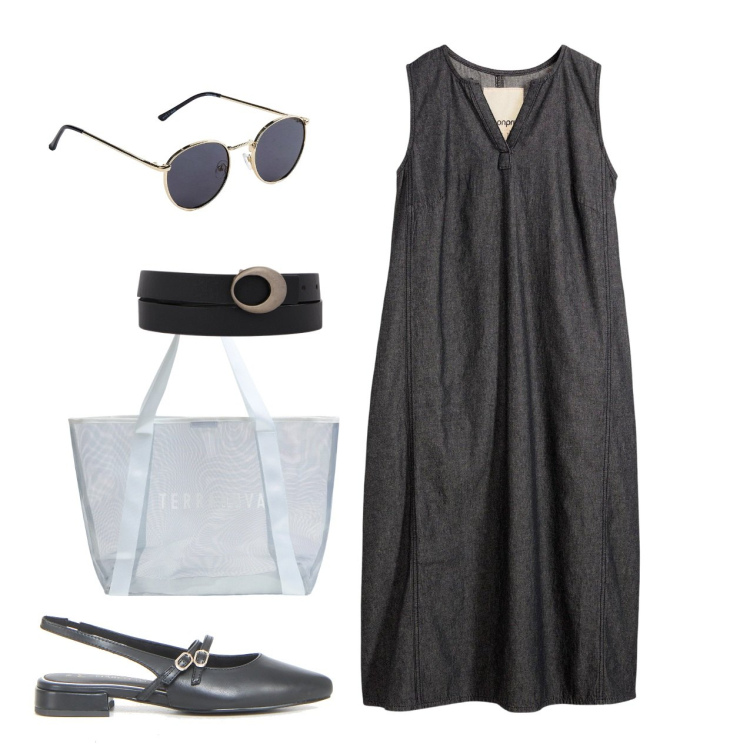 Outfit donna - Slingback. Stile Chic per Tutti i giorni. Abbinamento con vestiti, occhiali da sole, shopping bag, cinture, sandali.