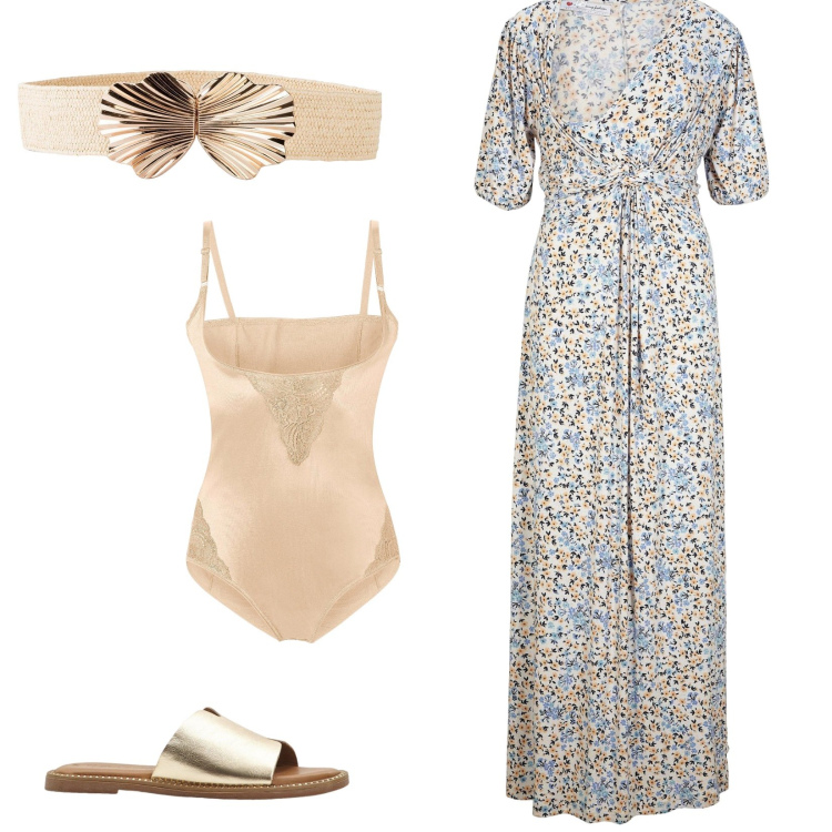 Outfit donna - Summer romance. Stile Romantica per Tutti i giorni. Abbinamento con vestiti lunghi, body, cinture, ciabatte.