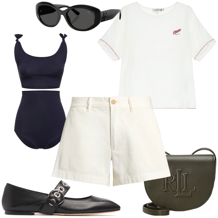 Outfit donna - B and W beach. Stile Basic per Mare. Abbinamento con t-shirt, occhiali da sole, borse a tracolla, shorts, bikini, ballerine.