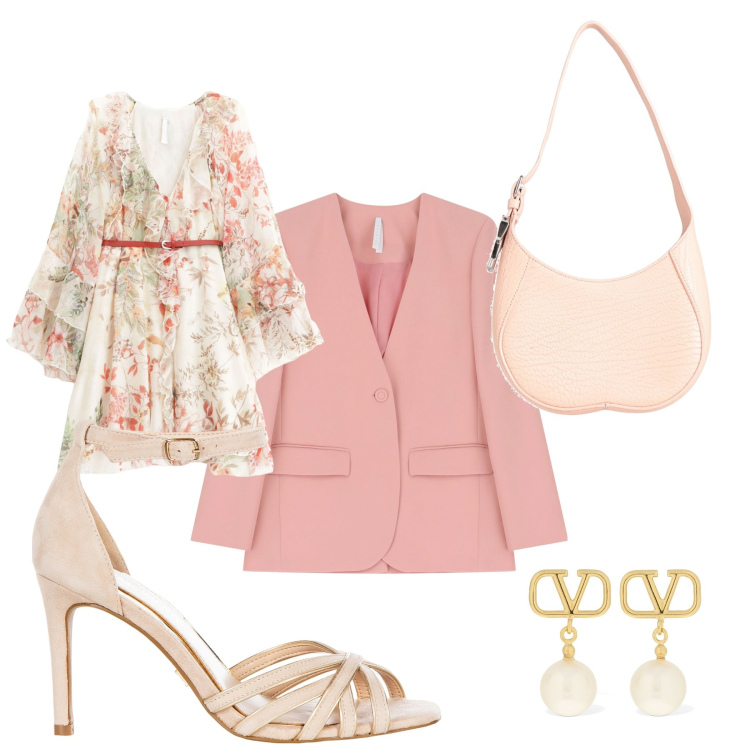 Outfit donna - Romantic rose. Stile Romantica per Cerimonia. Abbinamento con borse a spalla, sandali col tacco, blazer, vestiti corti, orecchini.