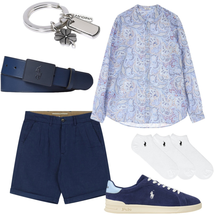 Outfit uomo - Serata estiva. Stile Casual per Serata speciale. Abbinamento con portachiavi, bermuda, camicie, calzini, cinture, sneakers.