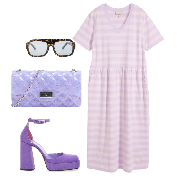 Outfit donna - Glicine. Stile Bon Ton per Tutti i giorni. Abbinamento con vestiti, borse a tracolla, occhiali da sole, décolleté.